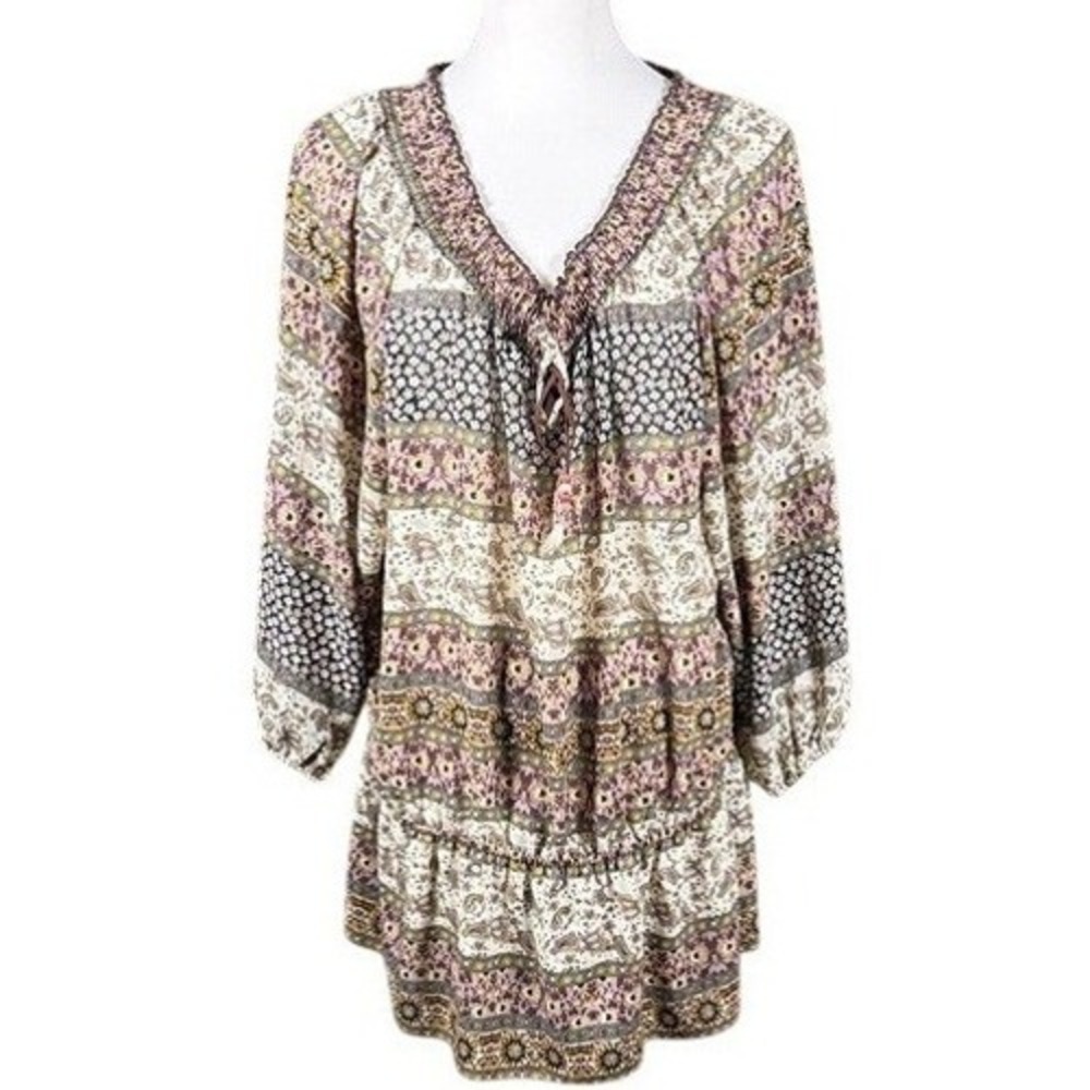 JW Woman Floral Paisley Patchwork Tunic Top Purple Brown Boho 2X